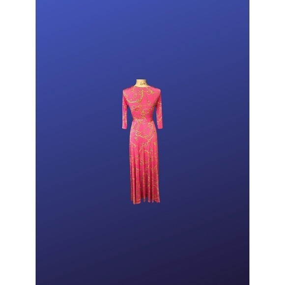 Janette FASHIONS Surplice Wrap MAXI Dress, PINK/GOLD CHAIN Print, Size S, EUC - Picture 4 of 11